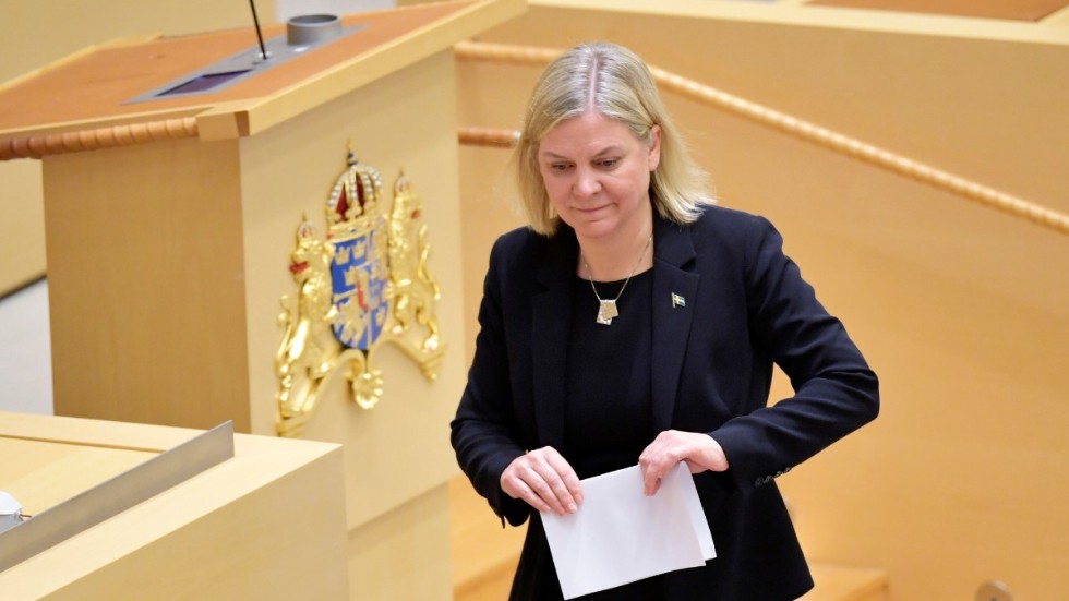 Statsminister Magdalena Andersson (S) under riksdagens partiledardebatt på onsdagsmorgonen.