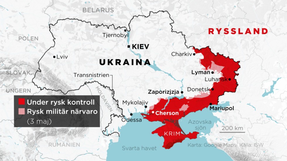 Områden under rysk kontroll samt områden med rysk militär närvaro den 3 maj.