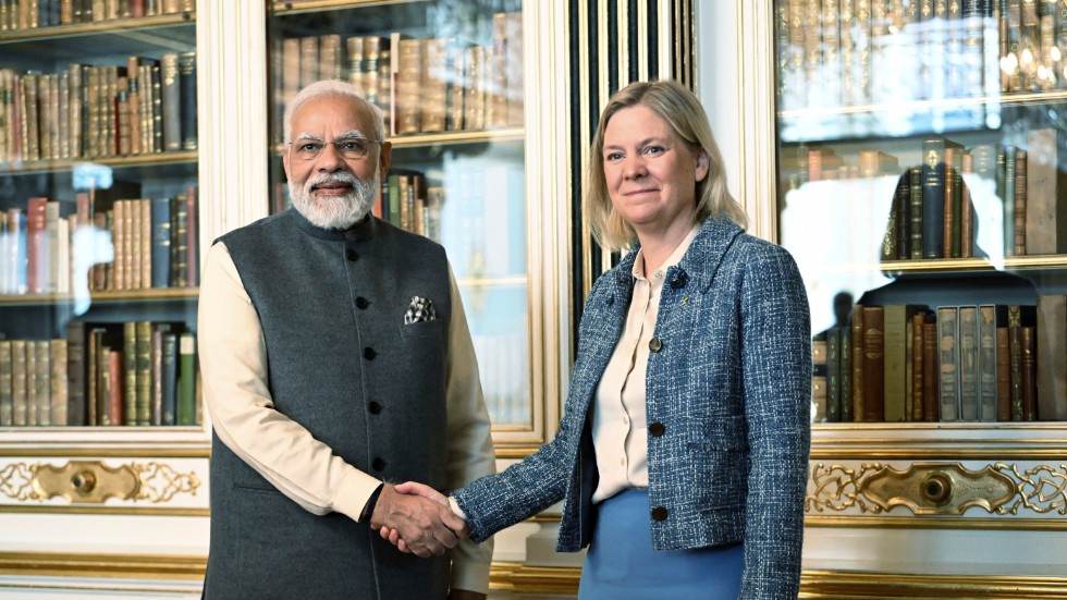 Indiens premiärminister Narendra Modi och Sveriges statsminister Magdalena Andersson (S) vid det indisk-nordiska toppmötet på Christiansborg i Köpenhamn.