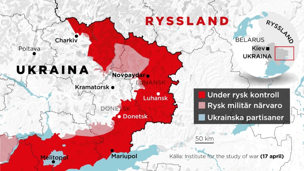 Landområden i östra Ukraina under rysk kontroll samt områden med rysk militär närvaro.