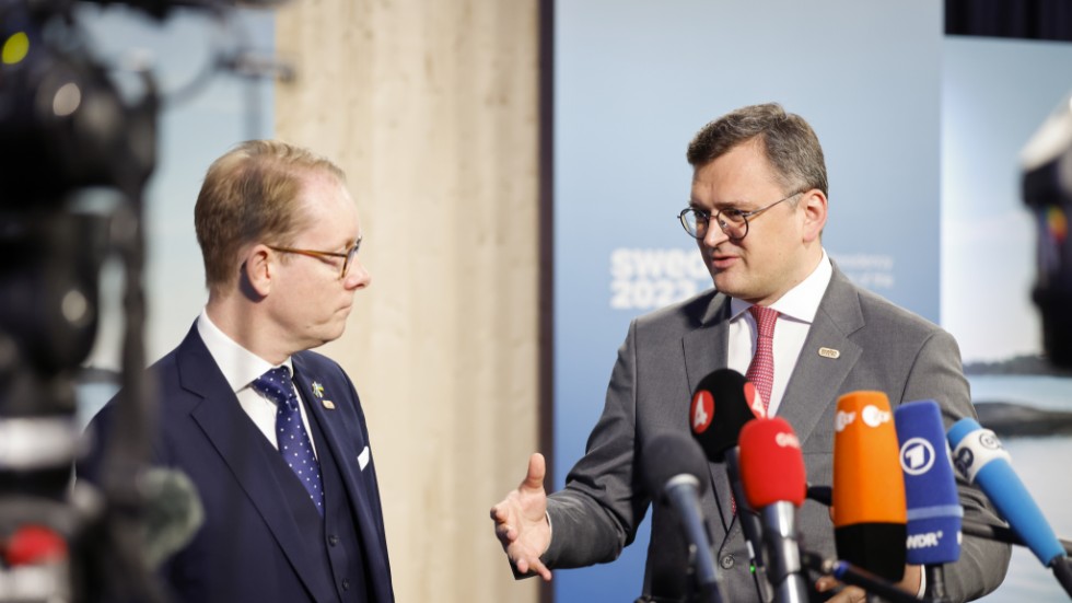 Sveriges utrikesminister Tobias Billström tar emot Ukrainas utrikesminister Dmytro Kuleba på lördagen.