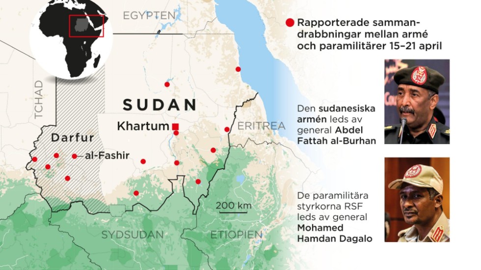 Rapporterade drabbningar mellan den sudanesiska armén och RSF-styrkor, 15–21 april.