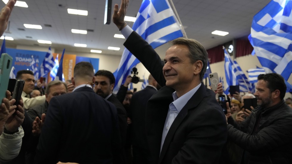 Greklands premiärminister Kyriakos Mitsotakis under ett valmöte i Volos förra veckan.