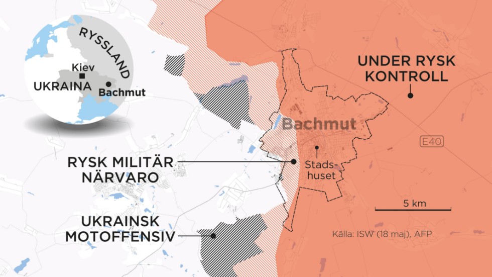 Områden under rysk kontroll och rysk militär närvaro den 18 maj.