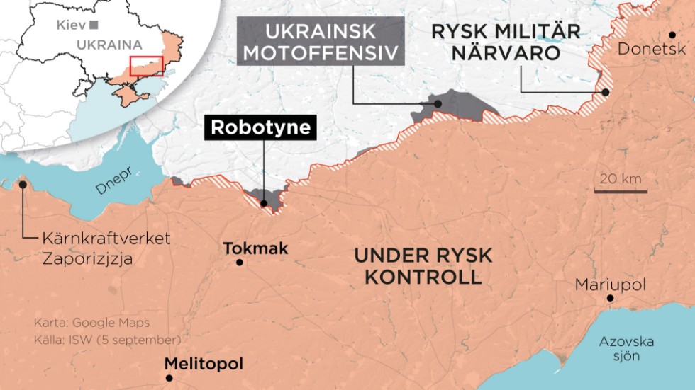 Områden under rysk kontroll och med rysk militär närvaro samt den ukrainska motoffensiven den 5 september.