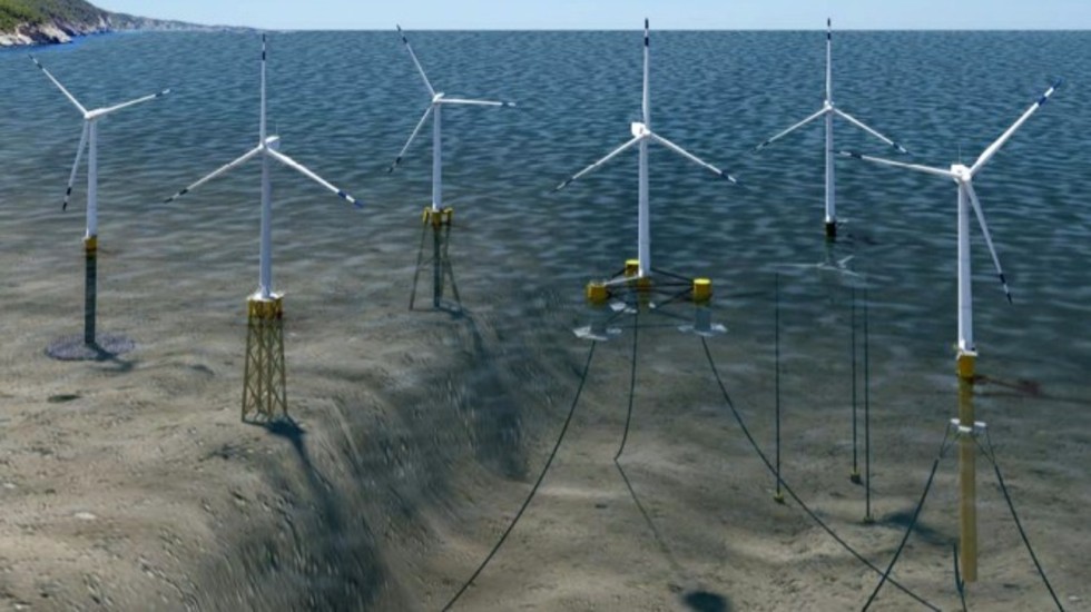 Examples of how offshore wind turbines can be anchored to the sea floor. The three on the left are standing on the seabed, while the three on the right are floating but still attached to the ocean floor.