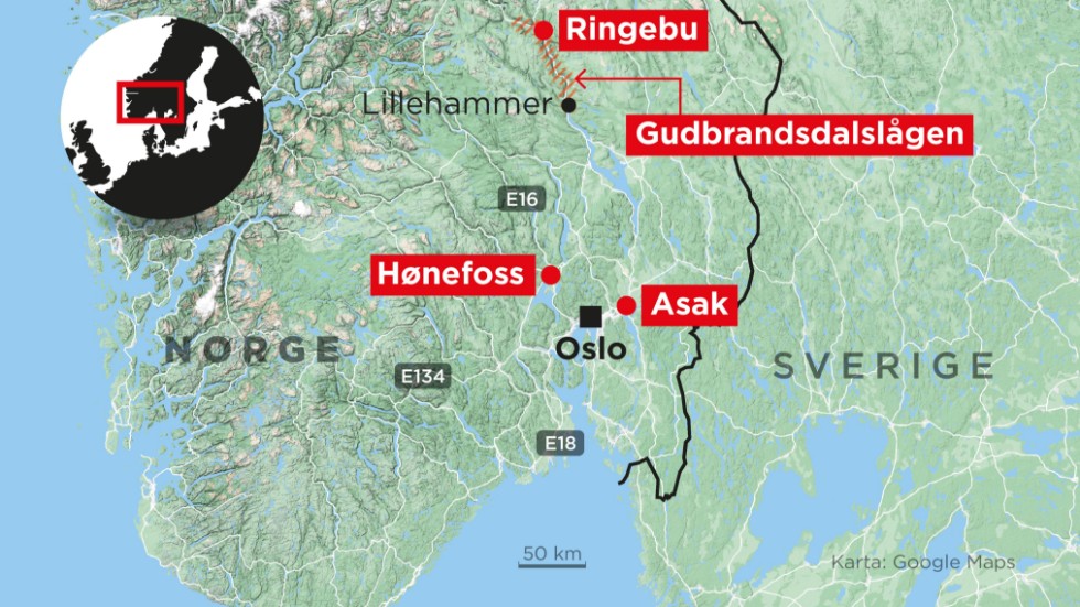 Kartan visar några drabbade områden i Norge.