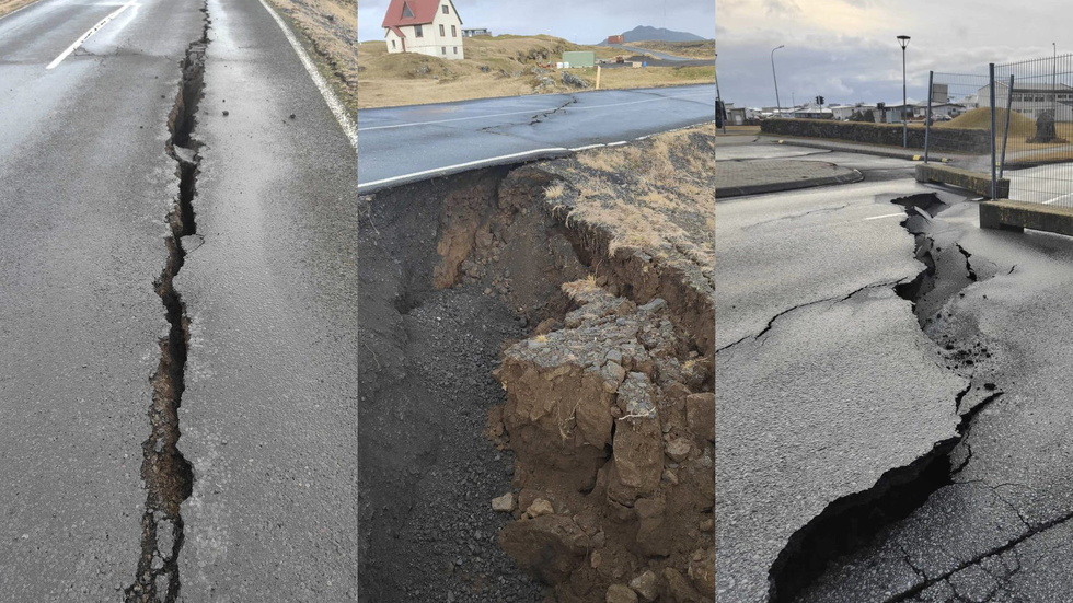 Skador på vägar på Island efter vulkaniska jordbävningar. Bild från Islands vägverk Vegagerdin.