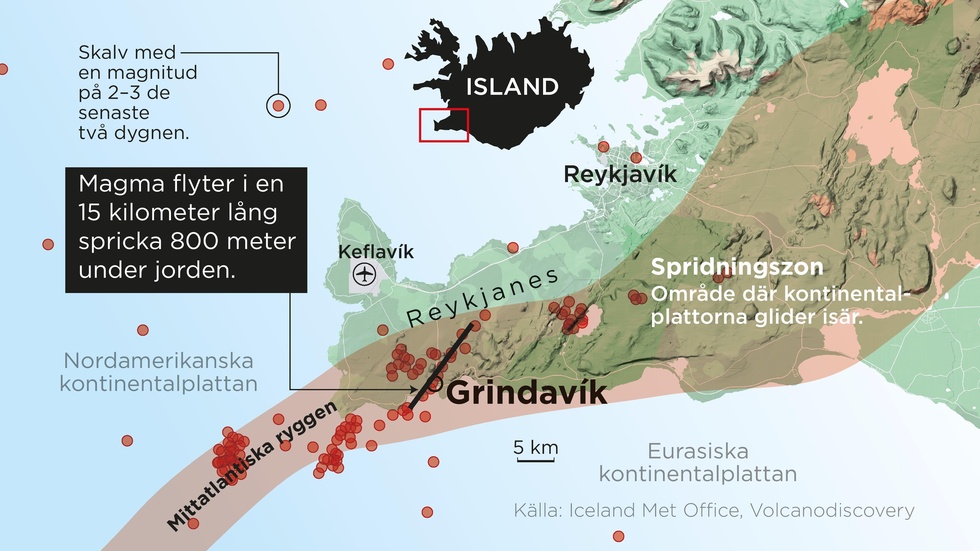 Magma flyter i en 15 kilometer lång spricka 800 meter under jorden i utkanten av kustsamhället Grindavík.