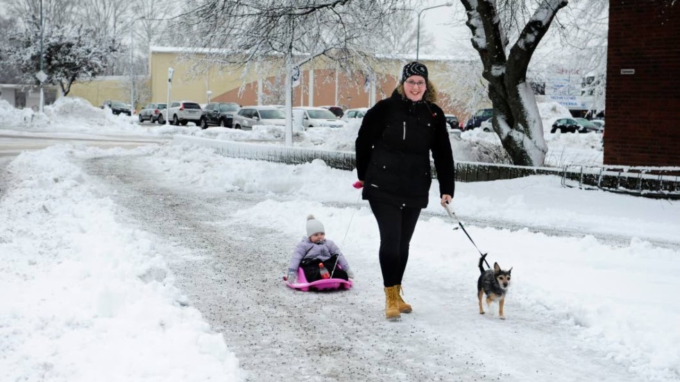 Elin Wallinder älskar snö  och går gärna på promenad med dottern Moa och hunden Sally.
