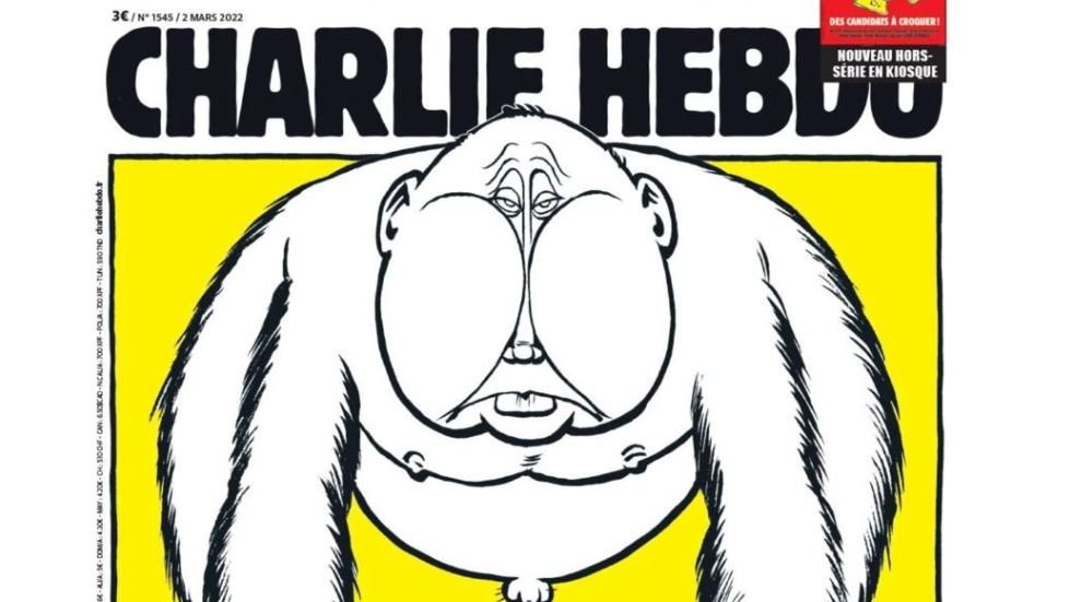 Omslaget till den franska satirtidningen Charlie Hebdo publicerades efter att Ryssland invaderat Ukraina.