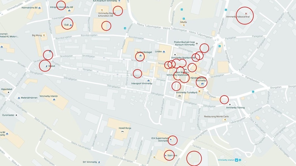 Karta över centrala Vimmerby där registrerade övervakningskameror är markerade med röda ringar.Karta: Google Maps