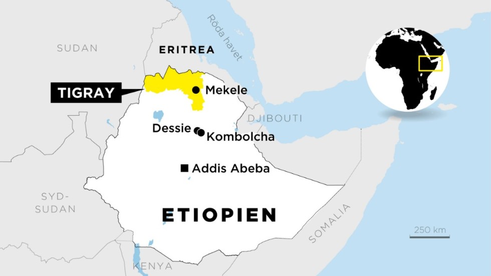 Karta som visar Tigray-provinsen samt orterna Dessie och Kombolcha.