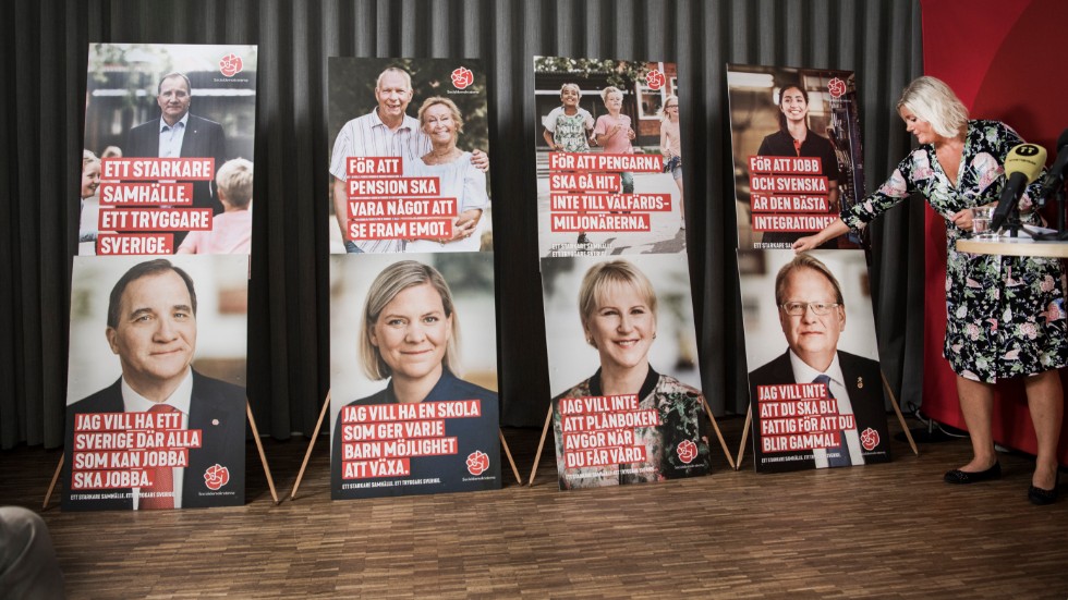 Vad är ett socialdemokratiskt löfte egentligen värt? Skriver signaturen "T.E" Bilden är ftån Socialdemokraternas valkampanj 2018.