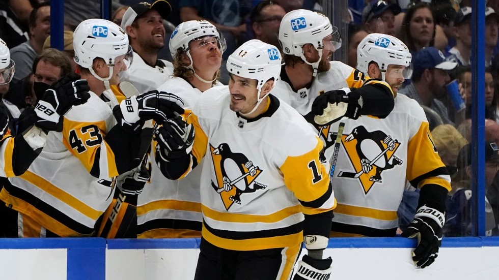 Pittsburghs Brian Boyle firar med sina lagkamrater efter att ha gjort mål i sin NHL-comeback.