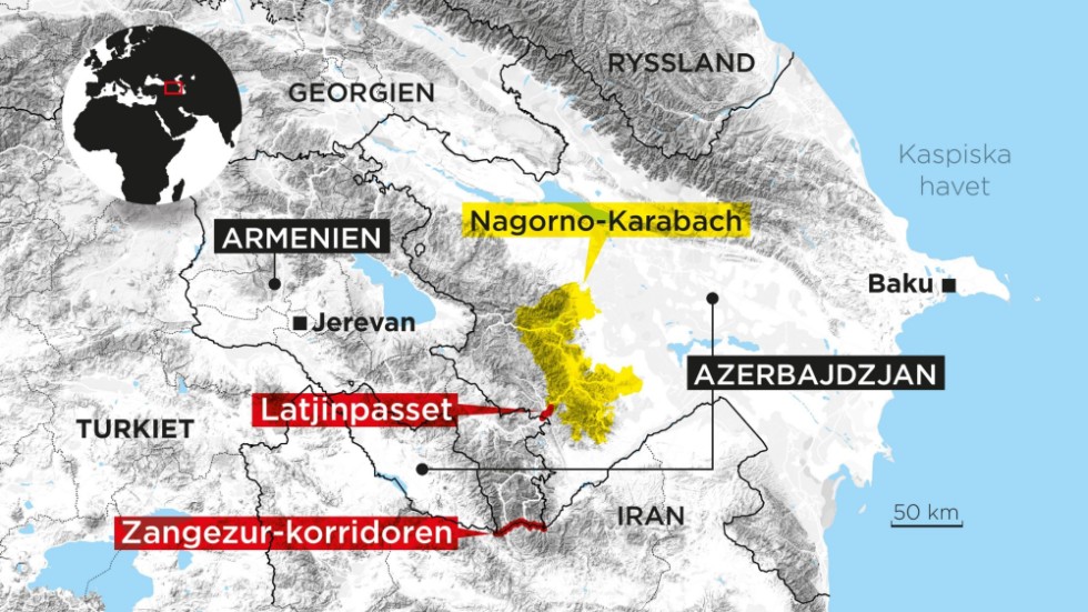 Uppdelade länder. Azerbajdzjans formella gränsdragning omfattar även Nachitjevan, som ligger på andra sidan Armenien. Omstridda Nagorno-Karabach har under lång tid styrts av etniska armenier, inom Azerbajdzjans gränser.