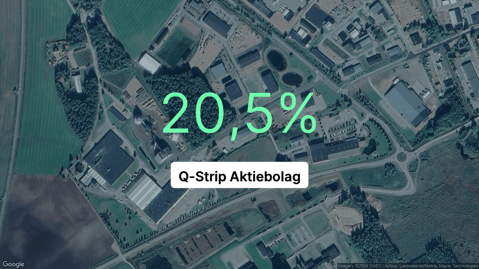 Illustrationen visar rörelsemarginalen för Q-Strip för det senaste året. Bakgrunden är en satellitbild över företagets adress.