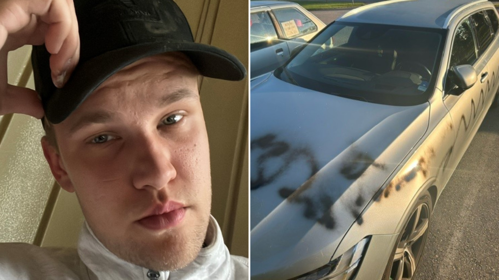 Rasmus Nyberg, 23, från Hultsfred hade bilen parkerad utanför huset han bor i. Den tillsammans med nio andra bilar blev under natten saboterade.