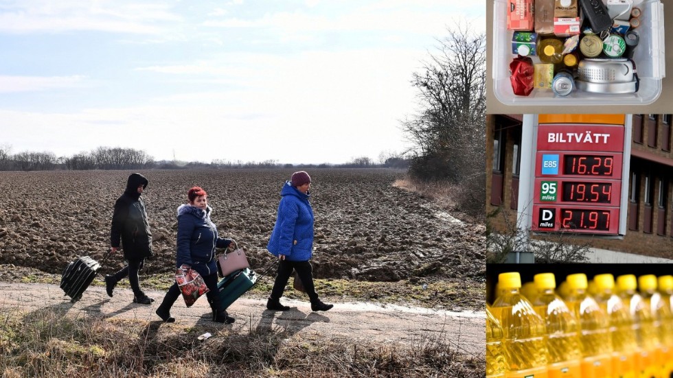 Ukrainare på flykt vid ungerska gränsen på fredagen. För katrineholmare gäller den normala krisberedskapen, säger Tobias Plantin, vilket bland annat innebär att ha förnödenheter hemma för att klara sig i en vecka. Bensinpriserna väntas stiga men än märks ingen hamstring. På Matpiraten funderar man på att stödköpa olja från ukrainska leverantörer.