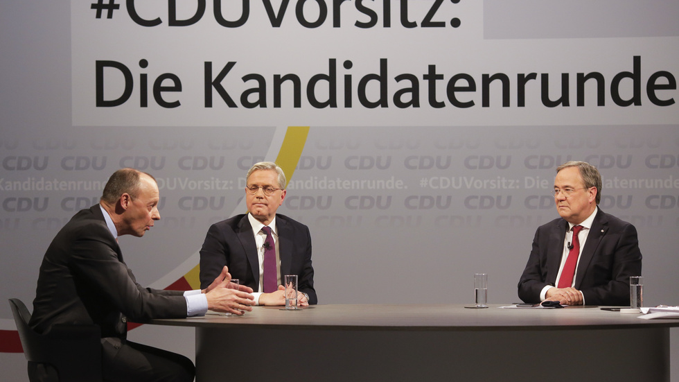De tre kandidaterna i CDU:s ledarstrid, från vänster till höger Friedrich Merz, Norbert Röttgen och Armin Laschet.