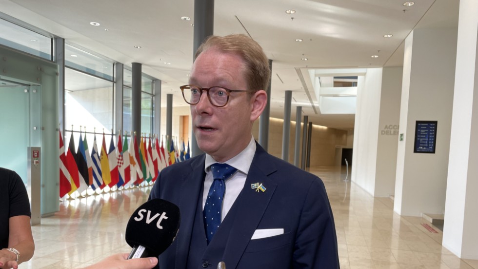 Utrikesminister Tobias Billström (M) på väg in till måndagens EU-möte i Luxemburg.