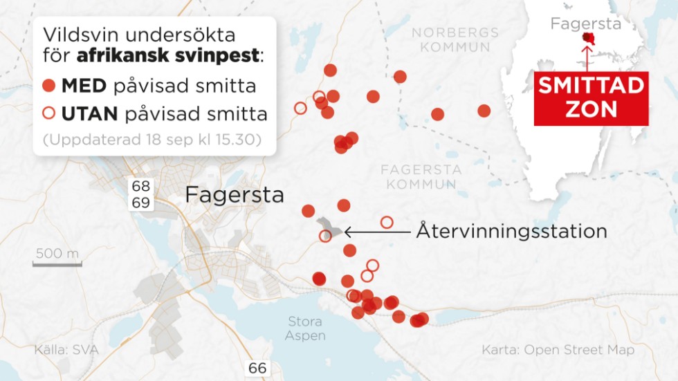 Kartan visar var testade vildsvin hittats utanför Fagersta i den zon med restriktioner som Jordbruksverket har infört.