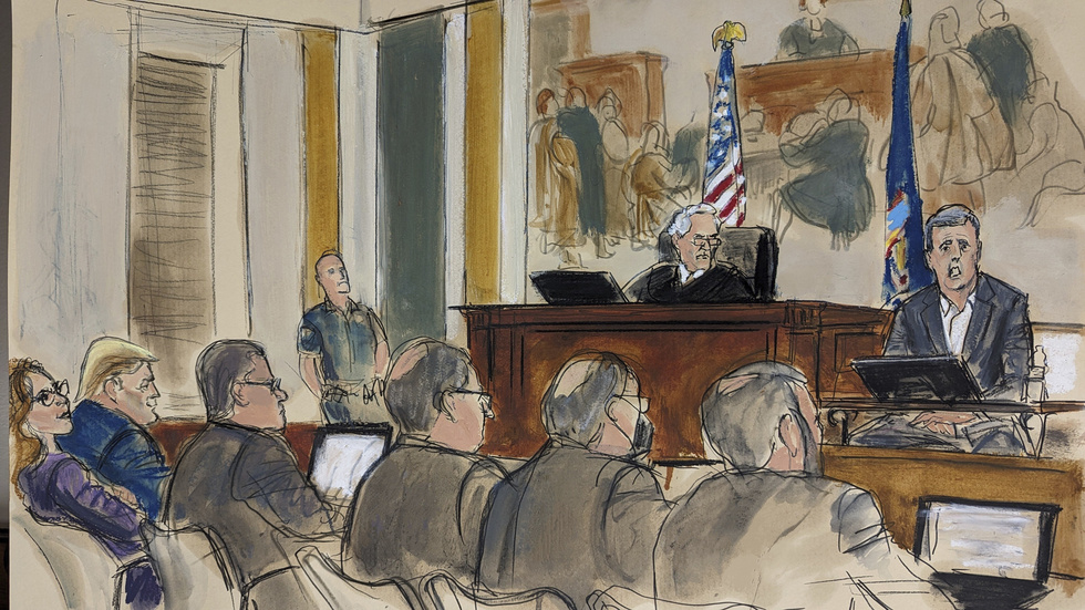 I denna teckning från rättssalen i New York syns Michael Cohen när han förhörs.