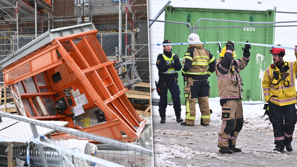 En bild på den kraschade hissen i Sundbyberg. Det är ännu inte allmänt känt exakt vad som orsakade olyckan där fem arbetare omkom för en vecka sedan. 