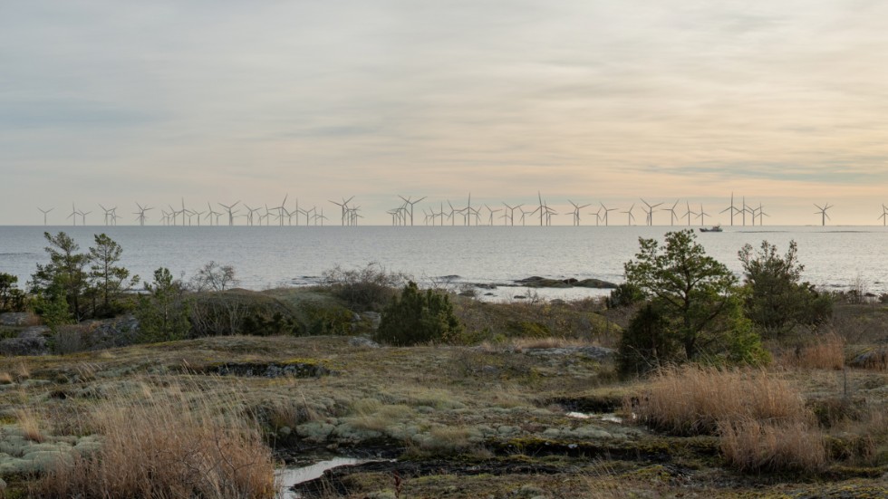 Så här kan vindkraftparken se ut från Persö i Trosa ytterskärgård. Bilden är ett montage.