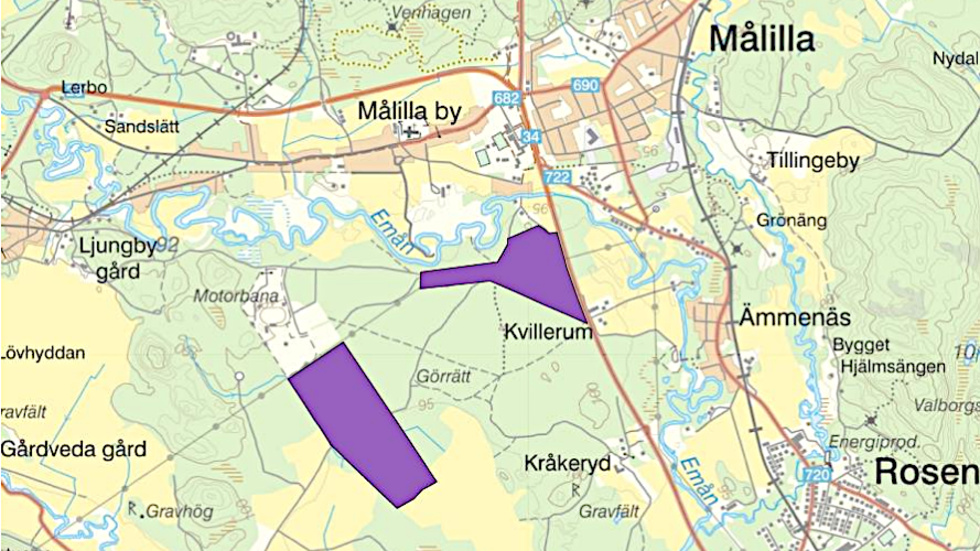 De två områdena där Landinfra planerar att bygga solcellsanläggningen är markerade med lila färg på kartan.