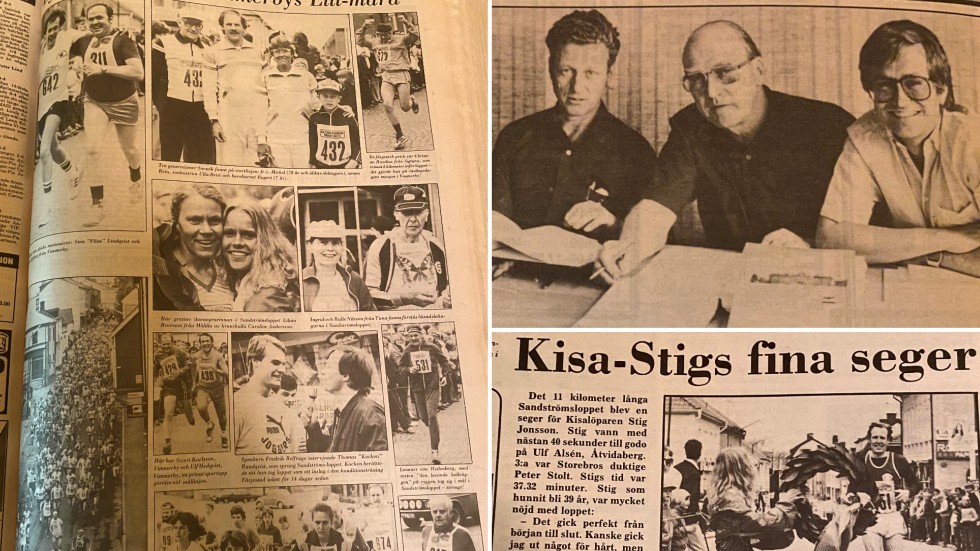 Bilder från den första löparfesten eller Vimmerbyloppet som avgjordes 1982. L-O Svensson, K-E Frisk och Micael Sandström från arrangörsgruppen samt Kisalöparen Stig Jonsson som tog hem det första Sandströmsloppet.