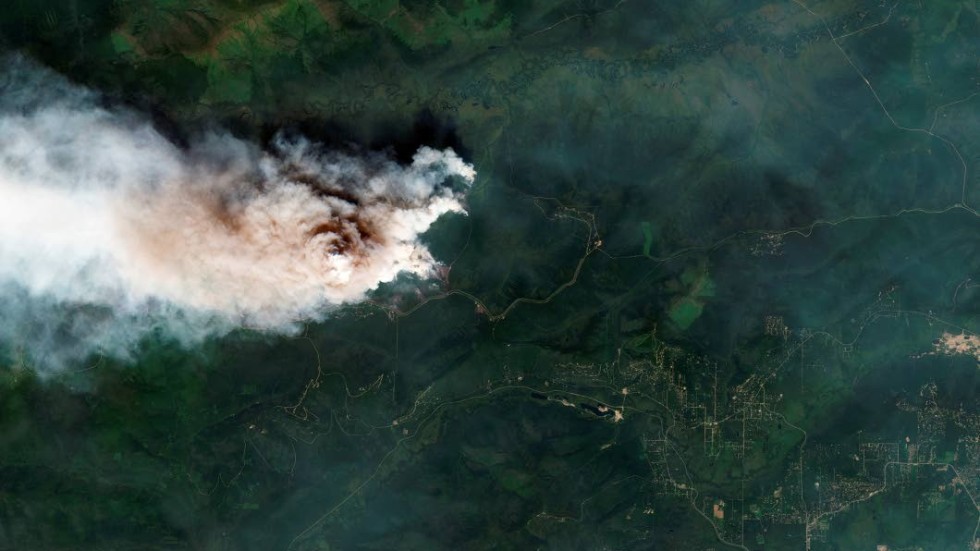 Rökutveckliingen från en av bränderna i Alaska, tagen av en satelit tisdagen den 9 juli. Stora områden i delstaten har drabbats.
