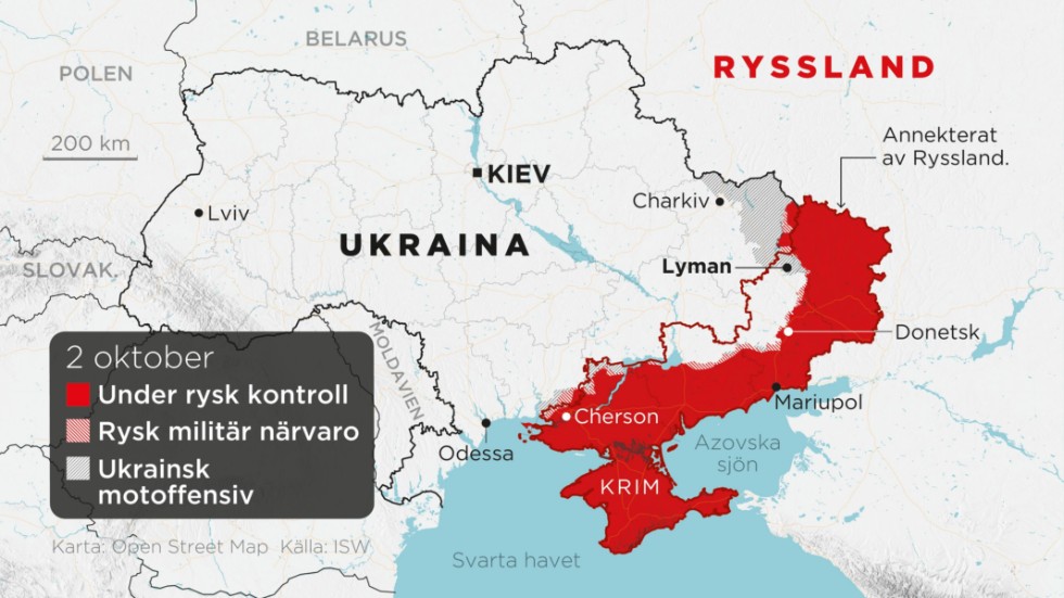 Områden under rysk kontroll, områden med rysk militär närvaro, ukrainska motoffensiver samt annekterade områden.