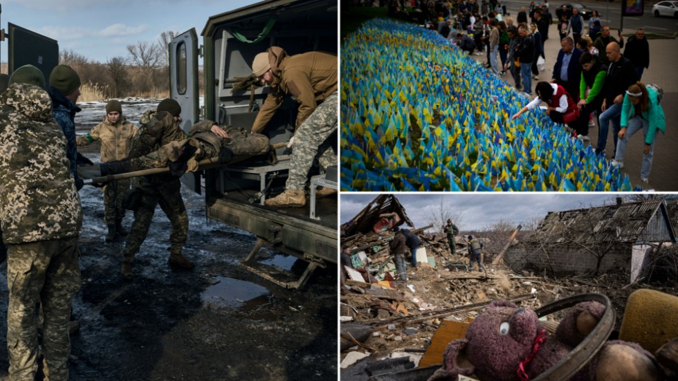 Bilder av ett krig. En sårad soldat tas om hand om av militära sjukvårdare. I Kiev visar flaggor hur många soldater som dött. Ägarna till ett hus som förstörts av en rysk raket går igenom spillrorna.