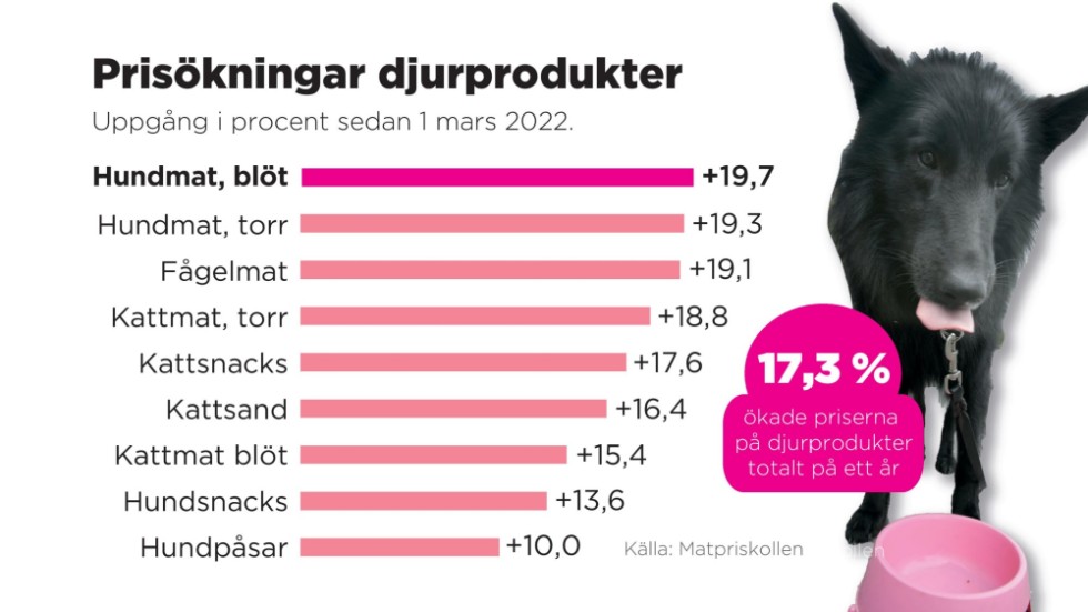 Djurprodukter prisökningar i procent sedan 1 mars 2022. 17,3 procents prisökning totalt under ett år.