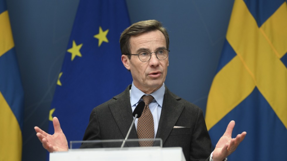 Statsminister Ulf Kristersson (M) vid pressträffen.