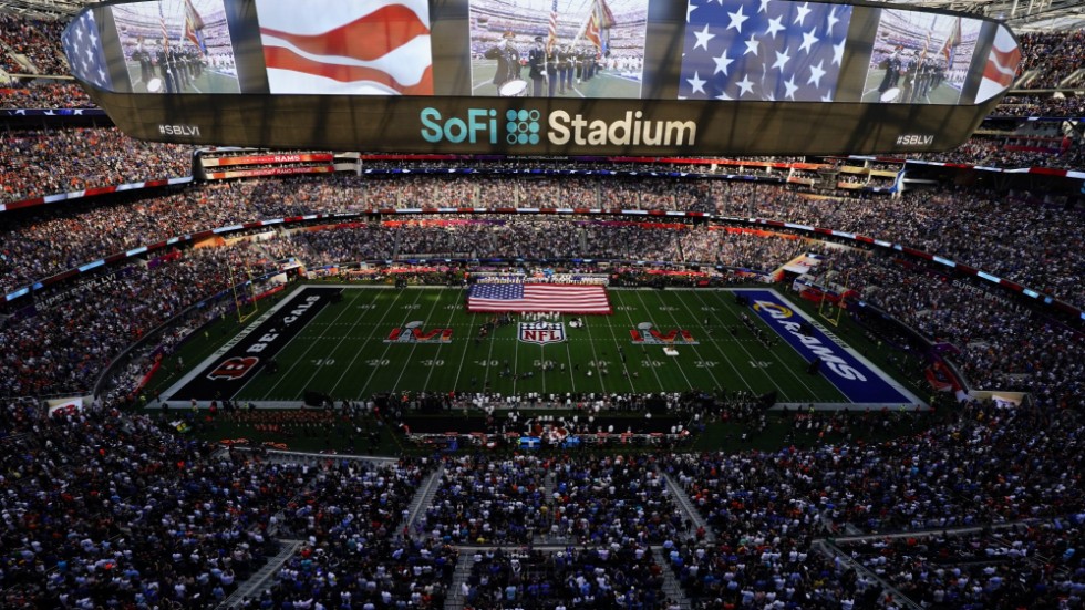 Fjolårets finalarena Sofi Stadium i Los Angeles under Super Bowl 2022. Årets match spelas på State Farm Stadium i Arizona. Arkivbild.