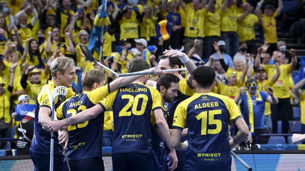 Svenska laget firar efter segern mot Finland.