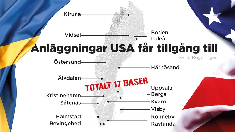 Den amerikanska militären får rätt att använda totalt 17 baser i Sverige.