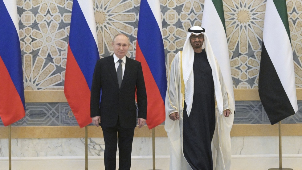 Rysslands president Vladimir Putin och Förenade arabemiratens ledare Mohammad bin Zayid al-Nahyan inför deras samtal.