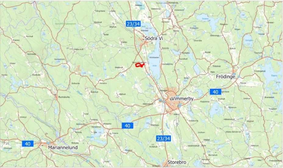 Om tillståndet beviljas ska bergtäkten anläggas i närheten av Norra Fågelhem mellan Vimmerby och Södra Vi. 