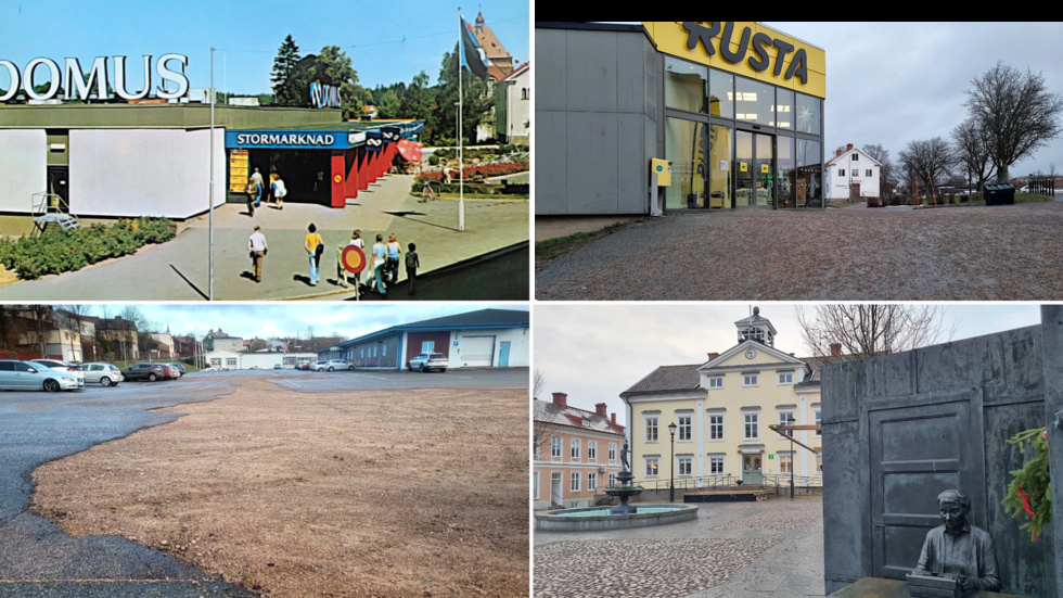 Enligt Mikael Sandström, Bevara Vimmerby, finns det en hel del förbättringspotential i Vimmerby. På bilderna överst kan man jämföra hur det såg ut utanför Domus på 1970-talet. Nu beskriver han Rustaplanen som "asfaltsöken". Längst ner till vänster Karlbergstomten med "trasig asfalt och potthål". Platsen framför Rådhuset skulle döpas om till Astrid Lindgrens torg, menar föreningen.