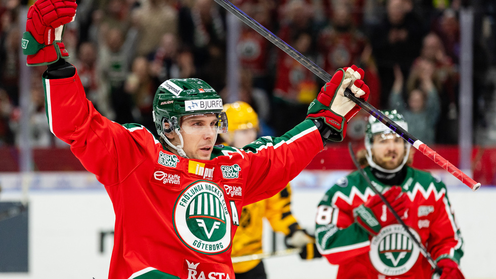 Henrik Tömmernäs celebrates. He scored both the second goal and the winner as Frölunda defeated AIK 4-3. The winner came in sudden death.