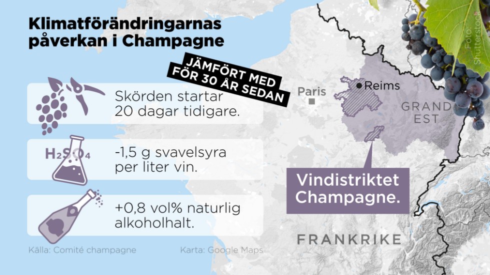 Karta som visar vindistriktet Champagne i Frankrike.