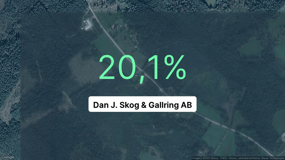 Illustrationen visar rörelsemarginalen för Dan J{dot} Skog & Gallring för det senaste året. Bakgrunden är en satellitbild över företagets adress.