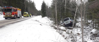 VW-buss hängande tio meter in i skogen