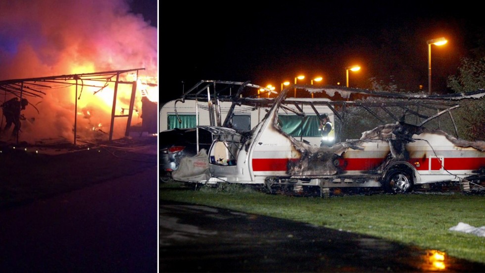 Så här såg det ut på kvällen när husvagnen brann på Vilsta camping i september 2017. Brandförloppet var snabbt och husvagnen blev helt utbränd.