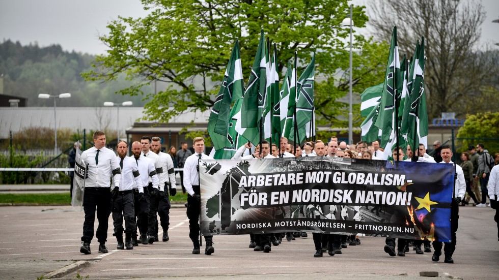 Den nazistiska organisationen Nordiska motståndsrörelsen (NMR) demonstration i Kungälv på första maj 2019.