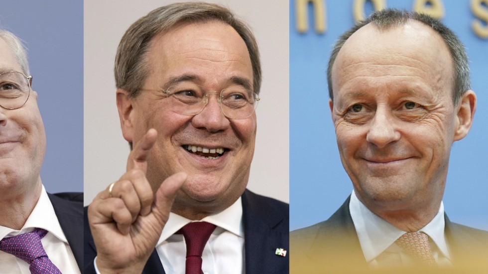 De tre kandidaterna i CDU:s ledarstrid: Norbert Röttgen (t v), Armin Laschet (mitten), Friedrich Merz (t h).