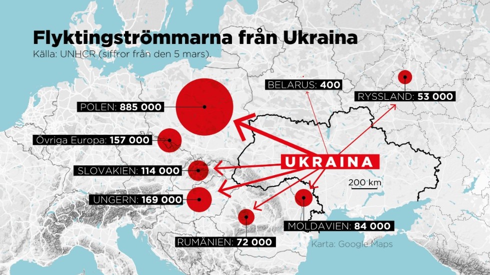 Flyktingströmmarna från Ukraina.Siffror från den 5 mars.